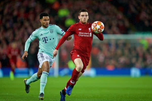 LIVERPOOL, ENGLAND - Tuesday, February 19, 2019: Liverpool's Andy Robertson during the UEFA Champions League Round of 16 1st Leg match between Liverpool FC and FC Bayern München at Anfield. (Pic by David Rawcliffe/Propaganda)