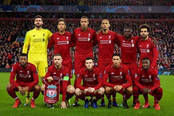 LIVERPOOL, ENGLAND - Tuesday, February 19, 2019: Liverpool's players line-up for a team group photograph before the UEFA Champions League Round of 16 1st Leg match between Liverpool FC and FC Bayern M¸nchen at Anfield. Back row L-R: goalkeeper Alisson Becker, Roberto Firmino, Joel Matip, Fabio Henrique Tavares 'Fabinho', Sadio Mane, Mohamed Salah. Front row L-R: Georginio Wijnaldum, captain Jordan Henderson, Andy Robertson, Trent Alexander-Arnold, Naby Keita.(Pic by David Rawcliffe/Propaganda)