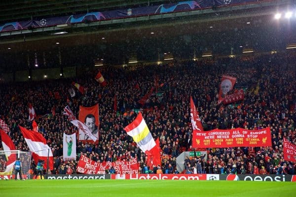 LIVERPOOL, ENGLAND - Tuesday, February 19, 2019: Liverpool supporters on the Spion Kop before the UEFA Champions League Round of 16 1st Leg match between Liverpool FC and FC Bayern M¸nchen at Anfield. (Pic by David Rawcliffe/Propaganda)