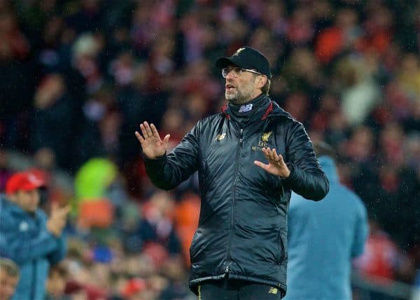 LIVERPOOL, ENGLAND - Tuesday, February 19, 2019: Liverpool's manager Jürgen Klopp tells the Liverpool supporters to calm down during the UEFA Champions League Round of 16 1st Leg match between Liverpool FC and FC Bayern München at Anfield. (Pic by David Rawcliffe/Propaganda)