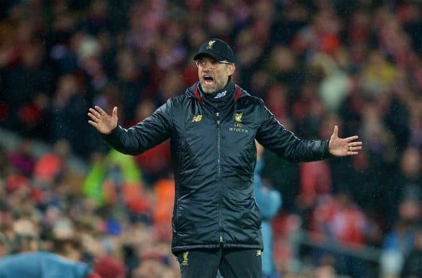 LIVERPOOL, ENGLAND - Tuesday, February 19, 2019: Liverpool's manager Jürgen Klopp tells the Liverpool supporters to calm down during the UEFA Champions League Round of 16 1st Leg match between Liverpool FC and FC Bayern München at Anfield. (Pic by David Rawcliffe/Propaganda)