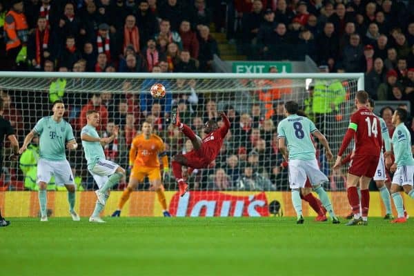 LIVERPOOL, ENGLAND - Tuesday, February 19, 2019: Liverpool's Naby Keita ties an overhead bicycle kick during the UEFA Champions League Round of 16 1st Leg match between Liverpool FC and FC Bayern M¸nchen at Anfield. (Pic by David Rawcliffe/Propaganda)