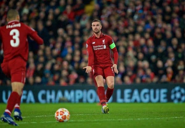 LIVERPOOL, ENGLAND - Tuesday, February 19, 2019: Liverpool's captain Jordan Henderson during the UEFA Champions League Round of 16 1st Leg match between Liverpool FC and FC Bayern München at Anfield. (Pic by David Rawcliffe/Propaganda)