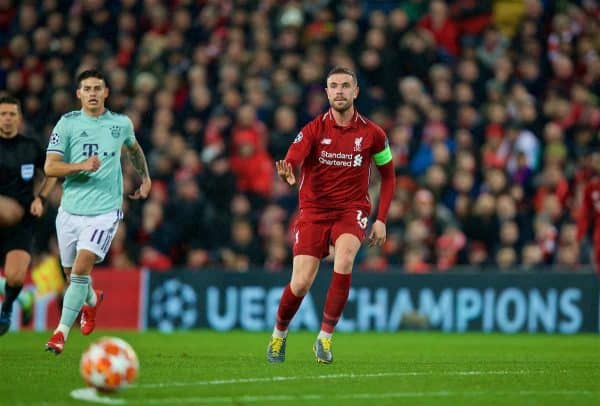 LIVERPOOL, ENGLAND - Tuesday, February 19, 2019: Liverpool's captain Jordan Henderson during the UEFA Champions League Round of 16 1st Leg match between Liverpool FC and FC Bayern München at Anfield. (Pic by David Rawcliffe/Propaganda)