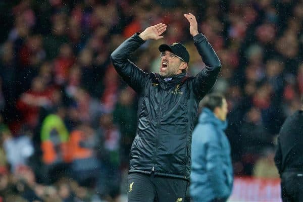 LIVERPOOL, ENGLAND - Tuesday, February 19, 2019: Liverpool's manager Jürgen Klopp reacts during the UEFA Champions League Round of 16 1st Leg match between Liverpool FC and FC Bayern München at Anfield. (Pic by David Rawcliffe/Propaganda)