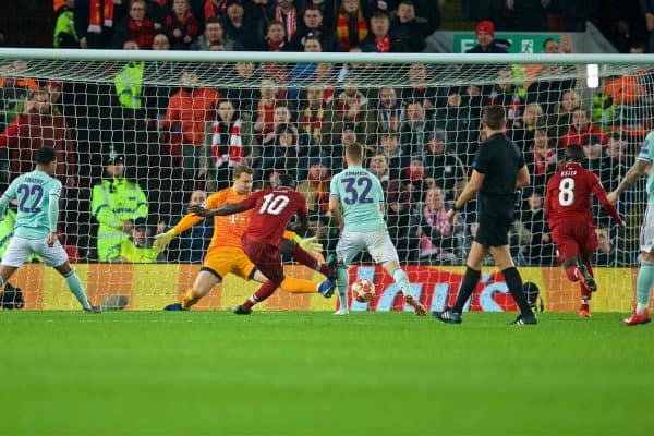 LIVERPOOL, ENGLAND - Tuesday, February 19, 2019: Liverpool's Sadio Mane shoots during the UEFA Champions League Round of 16 1st Leg match between Liverpool FC and FC Bayern M¸nchen at Anfield. (Pic by David Rawcliffe/Propaganda)