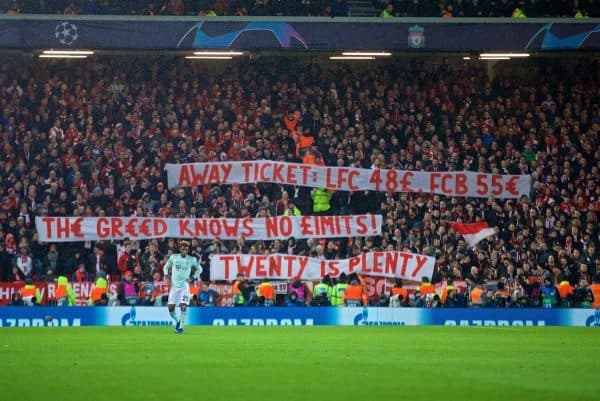 LIVERPOOL, ENGLAND - Tuesday, February 19, 2019: FC Bayern Munich supportersí banner ìTwenty is Plentyî protesting against high ticket prices during the UEFA Champions League Round of 16 1st Leg match between Liverpool FC and FC Bayern M¸nchen at Anfield. (Pic by David Rawcliffe/Propaganda)