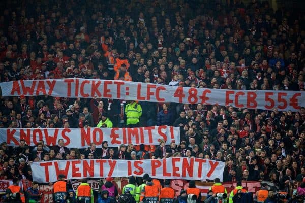 LIVERPOOL, ENGLAND - Tuesday, February 19, 2019: FC Bayern Munich supportersí banner ìTwenty is Plentyî protesting against high ticket prices during the UEFA Champions League Round of 16 1st Leg match between Liverpool FC and FC Bayern M¸nchen at Anfield. (Pic by David Rawcliffe/Propaganda)