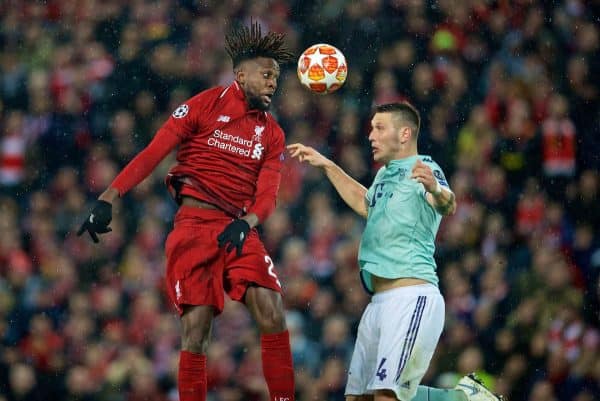 LIVERPOOL, ENGLAND - Tuesday, February 19, 2019: Liverpool's Divock Origi (L) and FC Bayern Munich's Niklas Süle during the UEFA Champions League Round of 16 1st Leg match between Liverpool FC and FC Bayern München at Anfield. (Pic by David Rawcliffe/Propaganda)