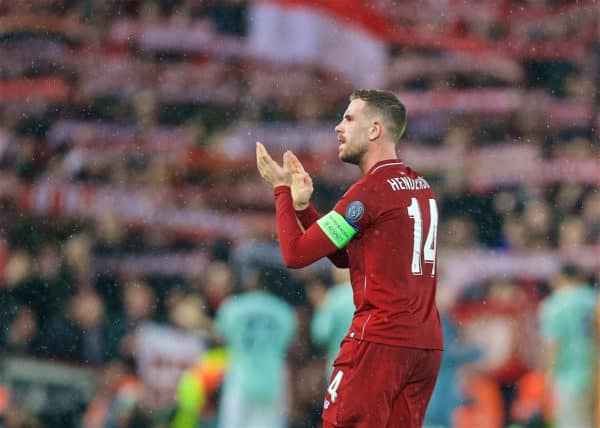 LIVERPOOL, ENGLAND - Tuesday, February 19, 2019: Liverpool's captain Jordan Henderson after the UEFA Champions League Round of 16 1st Leg match between Liverpool FC and FC Bayern München at Anfield. (Pic by David Rawcliffe/Propaganda)