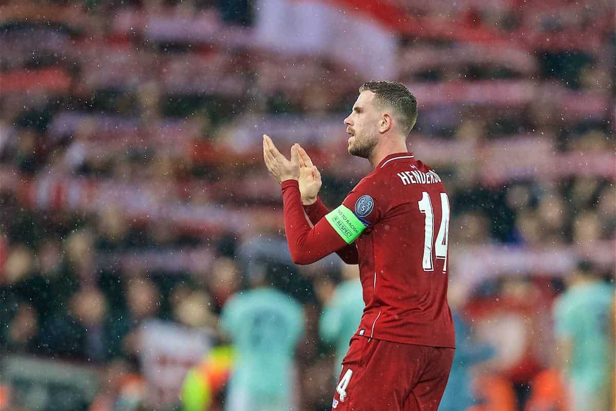 LIVERPOOL, ENGLAND - Tuesday, February 19, 2019: Liverpool's captain Jordan Henderson after the UEFA Champions League Round of 16 1st Leg match between Liverpool FC and FC Bayern München at Anfield. (Pic by David Rawcliffe/Propaganda)