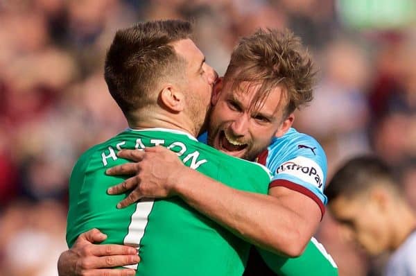 BURNLEY, ENGLAND - Saturday, February 23, 2019: Burnley's goalkeeper Tom Heaton and Charlie Taylor (R) celebrate their side's 2-1 victory during the FA Premier League match between Burnley FC and Tottenham Hotspur FC at Turf Moor. (Pic by David Rawcliffe/Propaganda)