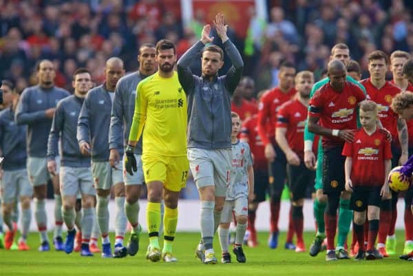 MANCHESTER, ENGLAND - Sunday, February 24, 2019: Liverpool's captain Jordan Henderson leads his team out before the FA Premier League match between Manchester United FC and Liverpool FC at Old Trafford. (Pic by David Rawcliffe/Propaganda)