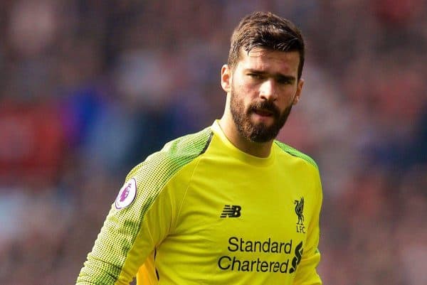 MANCHESTER, ENGLAND - Sunday, February 24, 2019: Liverpool's goalkeeper Alisson Becker during the FA Premier League match between Manchester United FC and Liverpool FC at Old Trafford. (Pic by David Rawcliffe/Propaganda)