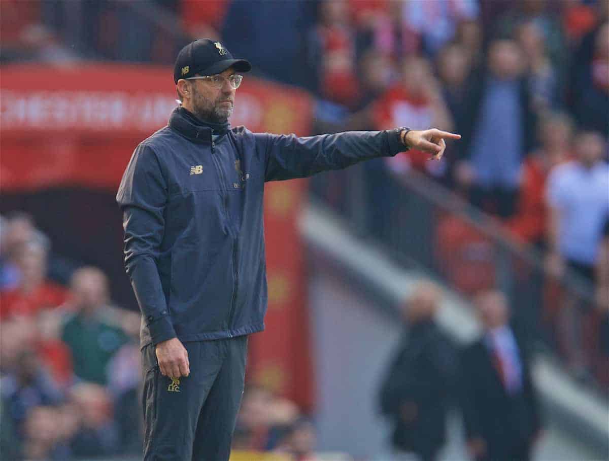MANCHESTER, ENGLAND - Sunday, February 24, 2019: Liverpool's manager Jürgen Klopp reacts during the FA Premier League match between Manchester United FC and Liverpool FC at Old Trafford. (Pic by David Rawcliffe/Propaganda)