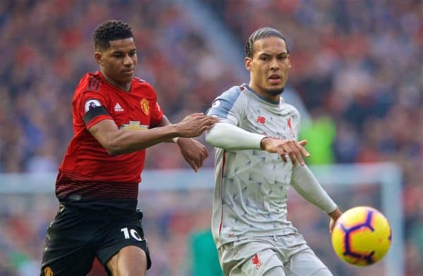 MANCHESTER, ENGLAND - Sunday, February 24, 2019: Manchester United's Marcus Rashford (L) and Liverpool's Virgil van Dijk (R) during the FA Premier League match between Manchester United FC and Liverpool FC at Old Trafford. (Pic by David Rawcliffe/Propaganda)