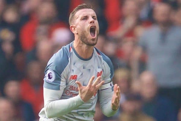 MANCHESTER, ENGLAND - Sunday, February 24, 2019: Liverpool's captain Jordan Henderson reacts during the FA Premier League match between Manchester United FC and Liverpool FC at Old Trafford. (Pic by David Rawcliffe/Propaganda)