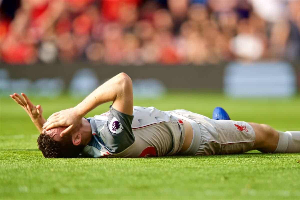 MANCHESTER, ENGLAND - Sunday, February 24, 2019: Liverpool's Andy Robertson lies injured during the FA Premier League match between Manchester United FC and Liverpool FC at Old Trafford. (Pic by David Rawcliffe/Propaganda)