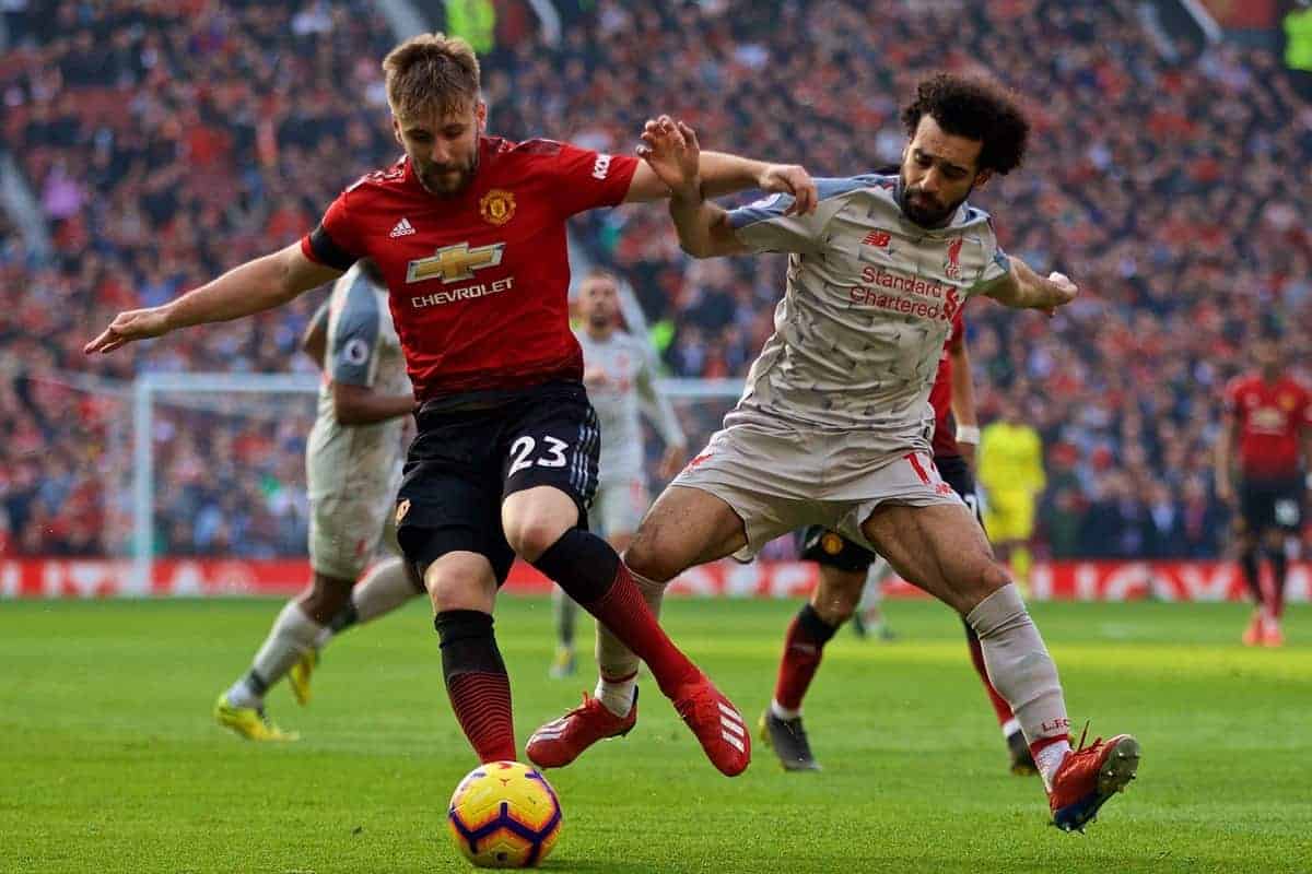 MANCHESTER, ENGLANAXD - Sunday, February 24, 2019: Manchester United's Luke Shaw (L) and Liverpool's Mohamed Salah during the FA Premier League match between Manchester United FC and Liverpool FC at Old Trafford. (Pic by David Rawcliffe/Propaganda)