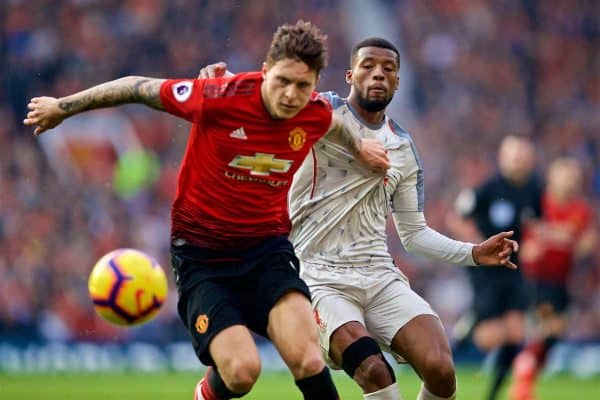 MANCHESTER, ENGLAND - Sunday, February 24, 2019: Manchester United's Victor Lindelöf (L) and Liverpool's Georginio Wijnaldum during the FA Premier League match between Manchester United FC and Liverpool FC at Old Trafford. (Pic by David Rawcliffe/Propaganda)