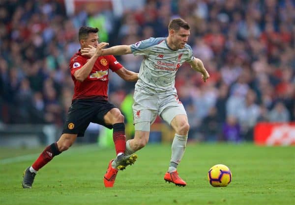 MANCHESTER, ENGLAND - Sunday, February 24, 2019: Manchester United's Luke Shaw (L) and Liverpool's captain James Milner during the FA Premier League match between Manchester United FC and Liverpool FC at Old Trafford. (Pic by David Rawcliffe/Propaganda)