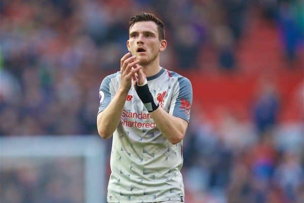 MANCHESTER, ENGLAND - Sunday, February 24, 2019: Liverpool's Andy Robertson applauds the travelling supporter after the FA Premier League match between Manchester United FC and Liverpool FC at Old Trafford. The game ended in a 0-0 draw. (Pic by David Rawcliffe/Propaganda)