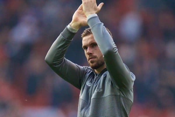 MANCHESTER, ENGLAND - Sunday, February 24, 2019: Liverpool's captain Jordan Henderson applauds the travelling supporter after the FA Premier League match between Manchester United FC and Liverpool FC at Old Trafford. The game ended in a 0-0 draw. (Pic by David Rawcliffe/Propaganda)
