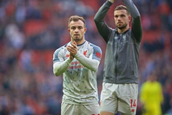 MANCHESTER, ENGLAND - Sunday, February 24, 2019: Liverpool's Andy Robertson applauds the travelling supporter after the FA Premier League match between Manchester United FC and Liverpool FC at Old Trafford. The game ended in a 0-0 draw. (Pic by David Rawcliffe/Propaganda)