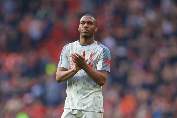 MANCHESTER, ENGLAND - Sunday, February 24, 2019: Liverpool's Daniel Sturridge applauds the travelling supporter after the FA Premier League match between Manchester United FC and Liverpool FC at Old Trafford. The game ended in a 0-0 draw. (Pic by David Rawcliffe/Propaganda)