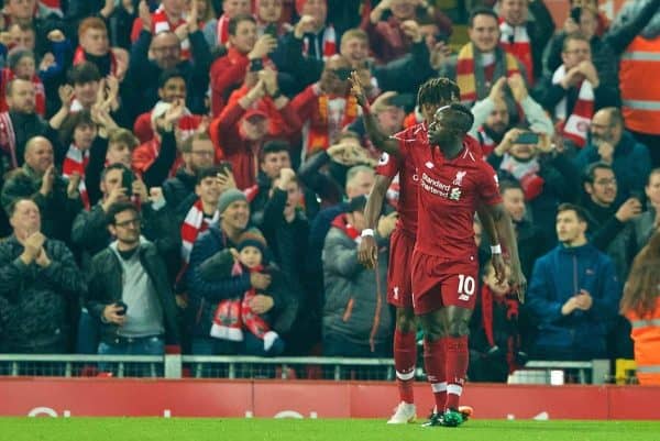 LIVERPOOL, ENGLAND - Wednesday, February 27, 2019: Liverpool's Sadio Mane celebrates scoring the first goal during the FA Premier League match between Liverpool FC and Watford FC at Anfield. (Pic by Paul Greenwood/Propaganda)