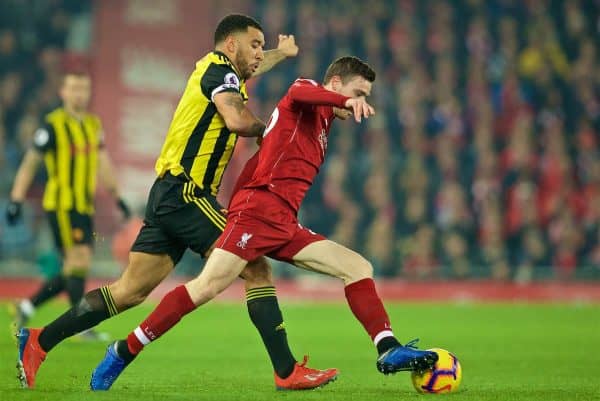 LIVERPOOL, ENGLAND - Wednesday, February 27, 2019: Liverpool's Andy Robertson (R) and Watford's captain Troy Deeney during the FA Premier League match between Liverpool FC and Watford FC at Anfield. (Pic by Paul Greenwood/Propaganda)