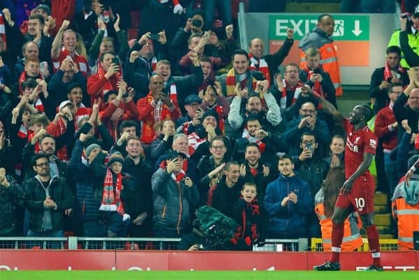 LIVERPOOL, ENGLAND - Wednesday, February 27, 2019: Liverpool's Sadio Mane celebrates scoring the first goal with supporters during the FA Premier League match between Liverpool FC and Watford FC at Anfield. (Pic by Paul Greenwood/Propaganda)