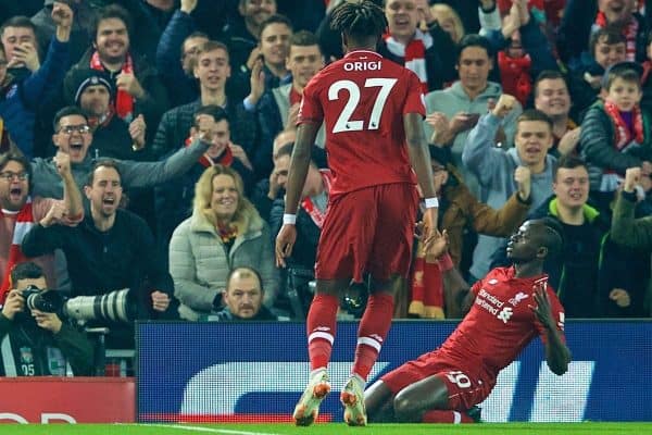 LIVERPOOL, ENGLAND - Wednesday, February 27, 2019: Liverpool's Sadio Mane celebrates scoring the first goal during the FA Premier League match between Liverpool FC and Watford FC at Anfield. (Pic by Paul Greenwood/Propaganda)