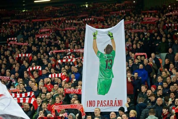 LIVERPOOL, ENGLAND - Wednesday, February 27, 2019: A Liverpool supporters' banner of goalkeeper Alisson Becker on the Spion Kop before the FA Premier League match between Liverpool FC and Watford FC at Anfield. (Pic by Paul Greenwood/Propaganda)