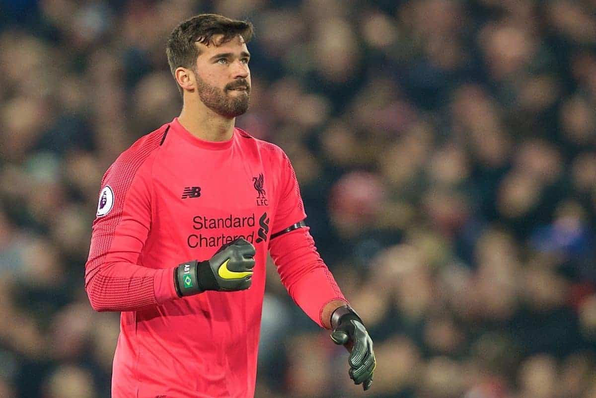 LIVERPOOL, ENGLAND - Wednesday, February 27, 2019: Liverpool's goalkeeper Alisson Becker celebrates as his side score the second goal during the FA Premier League match between Liverpool FC and Watford FC at Anfield. (Pic by Paul Greenwood/Propaganda)