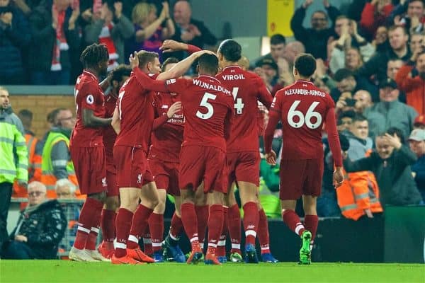 LIVERPOOL, ENGLAND - Wednesday, February 27, 2019: Liverpool players surround Sadio Mane (hidden) after his spectacular back-heeled second goal puts the Reds 2-0 up after 20 minutes during the FA Premier League match between Liverpool FC and Watford FC at Anfield. (Pic by Paul Greenwood/Propaganda)