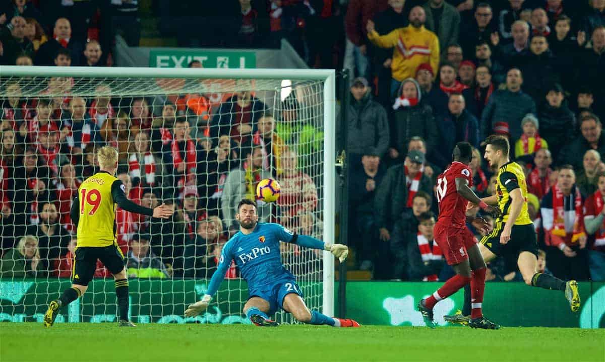 LIVERPOOL, ENGLAND - Wednesday, February 27, 2019: Liverpool's Sadio Mane scores the second goal with an audacious back-heel to beat Watford's goalkeeper Ben Foster during the FA Premier League match between Liverpool FC and Watford FC at Anfield. (Pic by Paul Greenwood/Propaganda)