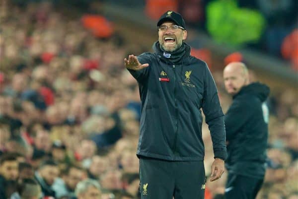 LIVERPOOL, ENGLAND - Wednesday, February 27, 2019: Liverpool's manager Jürgen Klopp reacts during the FA Premier League match between Liverpool FC and Watford FC at Anfield. (Pic by Paul Greenwood/Propaganda)