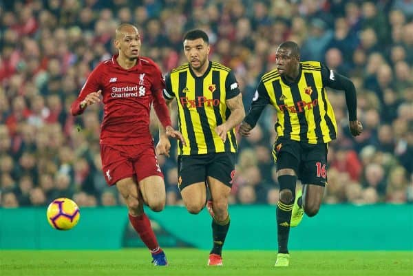 LIVERPOOL, ENGLAND - Wednesday, February 27, 2019: Liverpool's Fabio Henrique Tavares 'Fabinho' is chased down by Watford's captain Troy Deeney (C) and Abdoulaye Doucouré (R) during the FA Premier League match between Liverpool FC and Watford FC at Anfield. (Pic by Paul Greenwood/Propaganda)