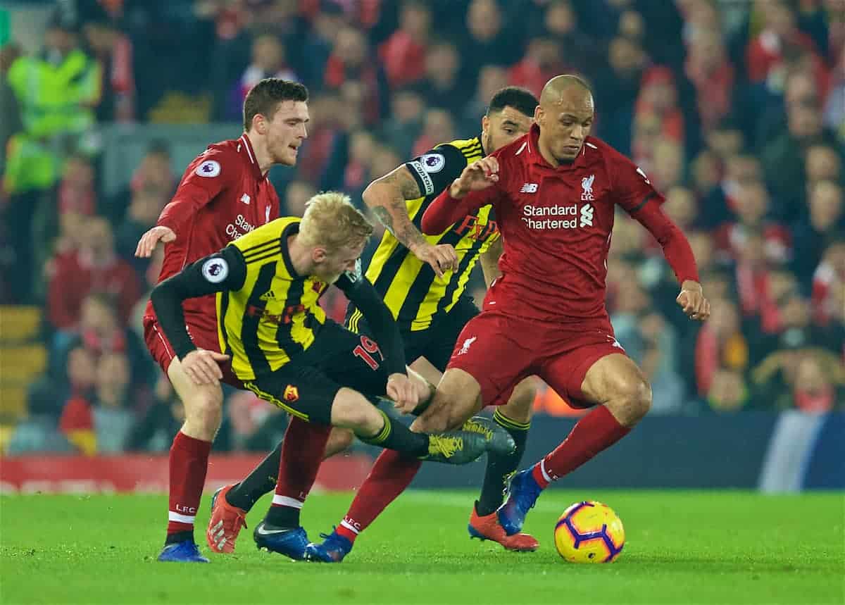 LIVERPOOL, ENGLAND - Wednesday, February 27, 2019: Liverpool's Fabio Henrique Tavares 'Fabinho' is tackled by Watford's Will Hughes during the FA Premier League match between Liverpool FC and Watford FC at Anfield. (Pic by Paul Greenwood/Propaganda)