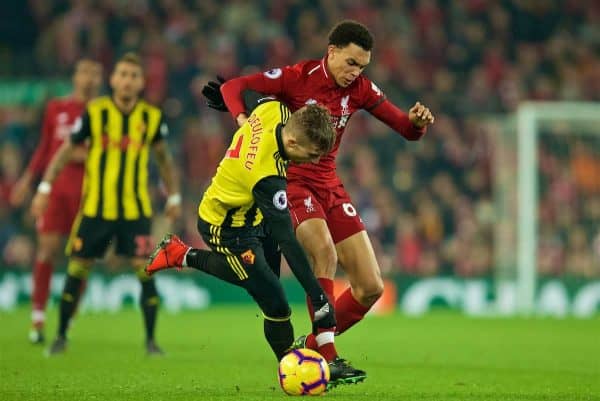 LIVERPOOL, ENGLAND - Wednesday, February 27, 2019: Liverpool's Trent Alexander-Arnold and Watford's Gerard Deulofeu during the FA Premier League match between Liverpool FC and Watford FC at Anfield. (Pic by Paul Greenwood/Propaganda)