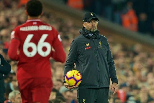 LIVERPOOL, ENGLAND - Wednesday, February 27, 2019: Liverpool's manager Jürgen Klopp and Trent Alexander-Arnold during the FA Premier League match between Liverpool FC and Watford FC at Anfield. (Pic by Paul Greenwood/Propaganda)