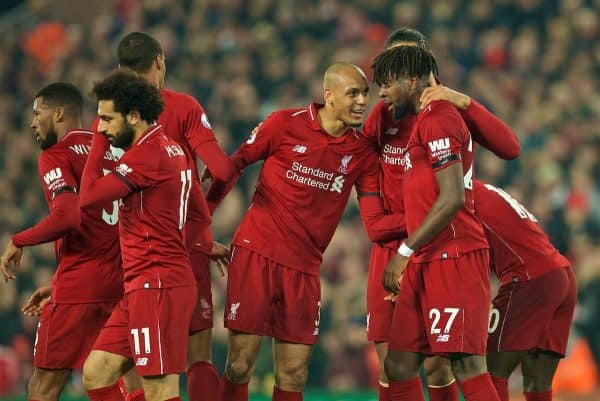 LIVERPOOL, ENGLAND - Wednesday, February 27, 2019: Liverpool's Divock Origi (#27) celebrates scoring the third goal during the FA Premier League match between Liverpool FC and Watford FC at Anfield. (Pic by Paul Greenwood/Propaganda)