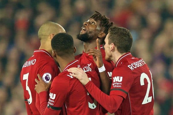 LIVERPOOL, ENGLAND - Wednesday, February 27, 2019: Liverpool's Divock Origi celebrates scoring the third goal during the FA Premier League match between Liverpool FC and Watford FC at Anfield. (Pic by Paul Greenwood/Propaganda)