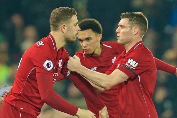 LIVERPOOL, ENGLAND - Wednesday, February 27, 2019: Liverpool's captain James Milner hands over the captain's armband to substitute Jordan Henderson as he is replaced during the FA Premier League match between Liverpool FC and Watford FC at Anfield. (Pic by Paul Greenwood/Propaganda)