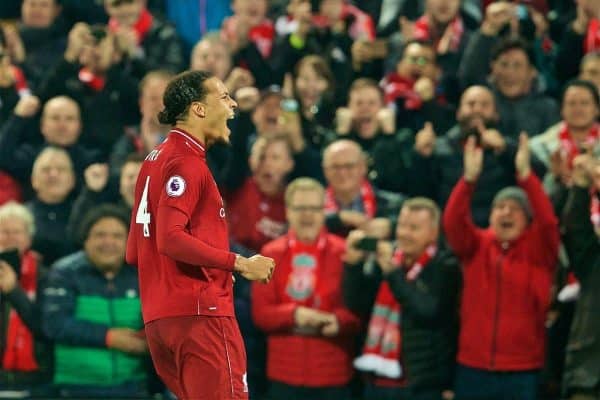 LIVERPOOL, ENGLAND - Wednesday, February 27, 2019: Liverpool's Virgil van Dijk celebrates scoring the fourth goal during the FA Premier League match between Liverpool FC and Watford FC at Anfield. (Pic by Paul Greenwood/Propaganda)