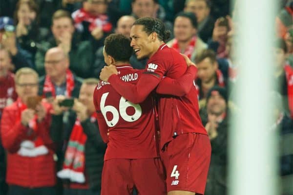 LIVERPOOL, ENGLAND - Wednesday, February 27, 2019: Liverpool's Virgil van Dijk celebrates scoring the fourth goal with team-mate Trent Alexander-Arnold during the FA Premier League match between Liverpool FC and Watford FC at Anfield. (Pic by Paul Greenwood/Propaganda)