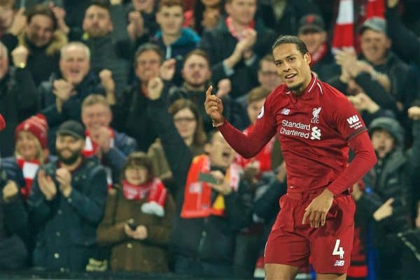 LIVERPOOL, ENGLAND - Wednesday, February 27, 2019: Liverpool's Virgil van Dijk celebrates scoring the fifth goal, his second of the game, during the FA Premier League match between Liverpool FC and Watford FC at Anfield. (Pic by Paul Greenwood/Propaganda)