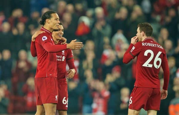 LIVERPOOL, ENGLAND - Wednesday, February 27, 2019: Liverpool's two goal hero Virgil van Dijk (L) and man-of-the-match that Trent Alexander-Arnold (who created three goals) celebrate with Andy Robertson at the final whistle during the FA Premier League match between Liverpool FC and Watford FC at Anfield. Liverpool won 5-0. (Pic by Paul Greenwood/Propaganda)