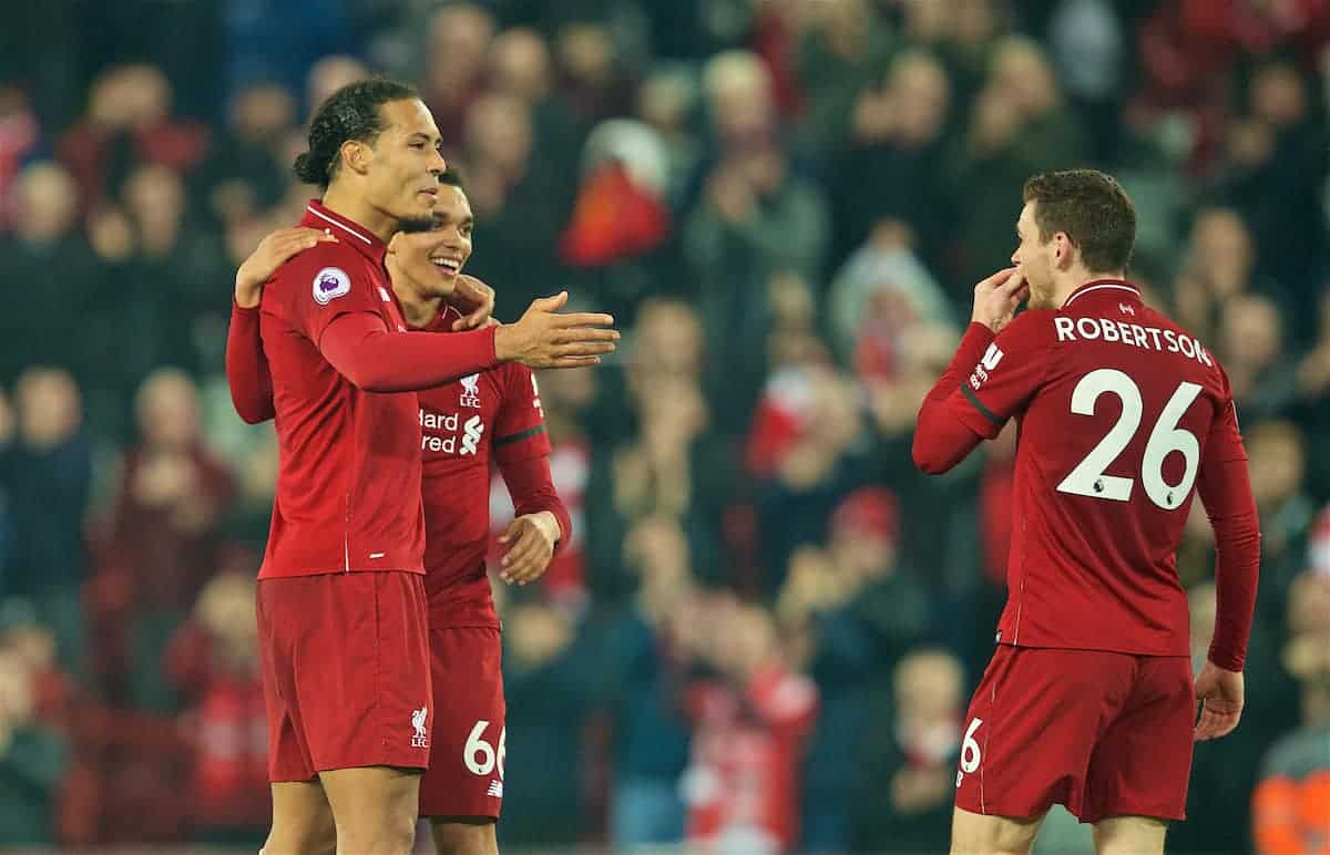 LIVERPOOL, ENGLAND - Wednesday, February 27, 2019: Liverpool's two goal hero Virgil van Dijk (L) and man-of-the-match that Trent Alexander-Arnold (who created three goals) celebrate with Andy Robertson at the final whistle during the FA Premier League match between Liverpool FC and Watford FC at Anfield. Liverpool won 5-0. (Pic by Paul Greenwood/Propaganda)